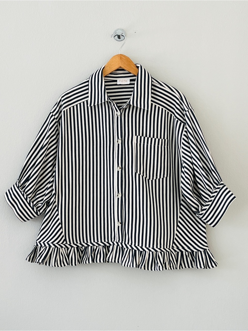 Fate Navy Blue & Off White Striped Button-Up Top